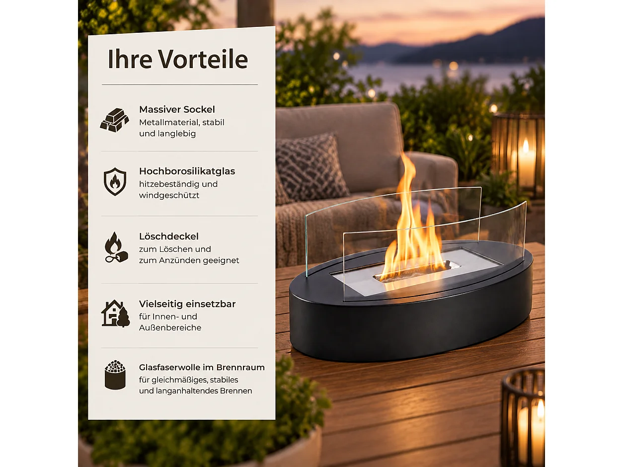 NETTLIFE Cheminée bioéthanol table ovale acier noir 500 ml sans conduit
