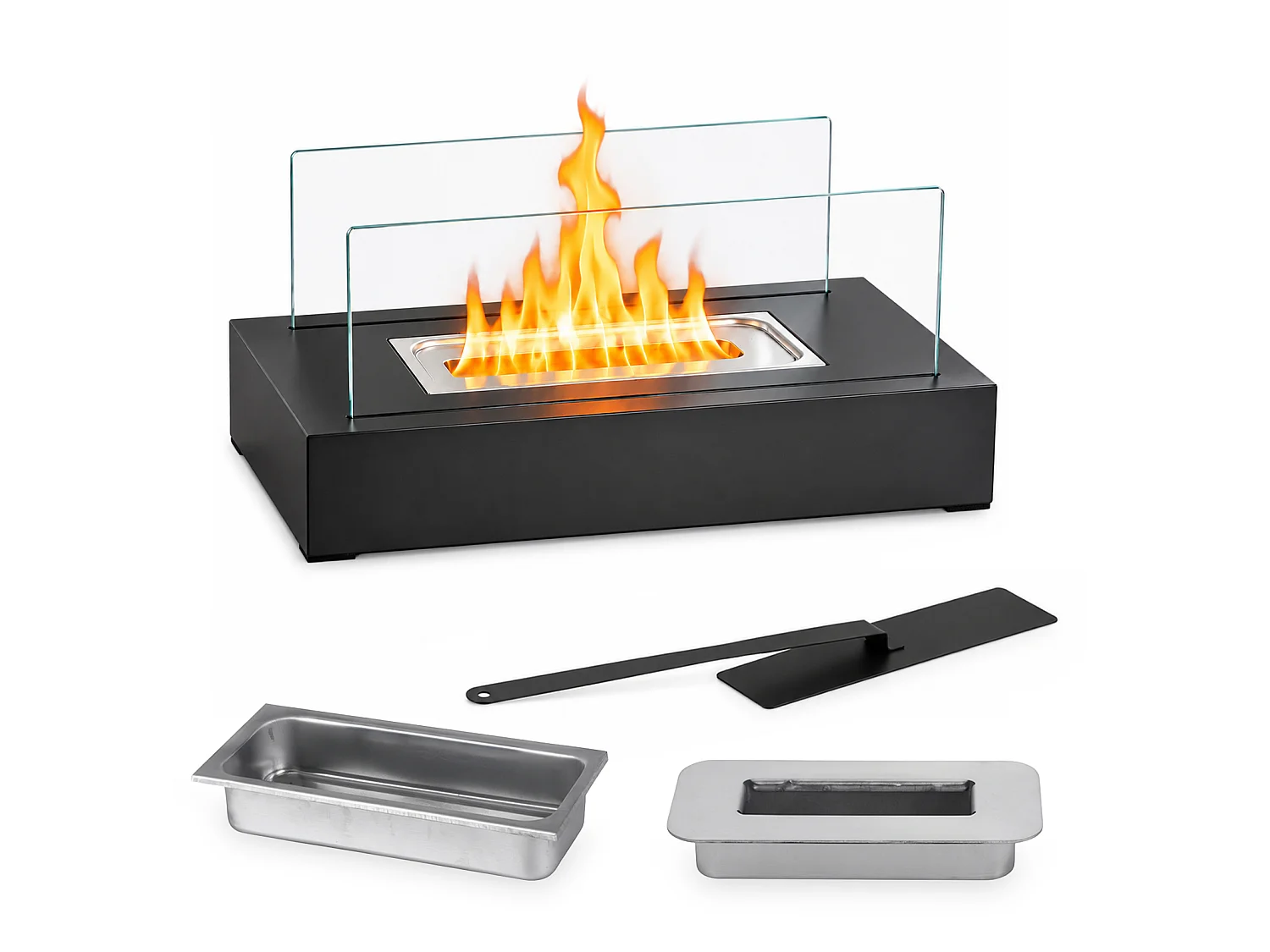 NETTLIFE Cheminée bioéthanol table rect. 35x18x15cm acier noir, brûleur 250ml, sans conduit, int/ext