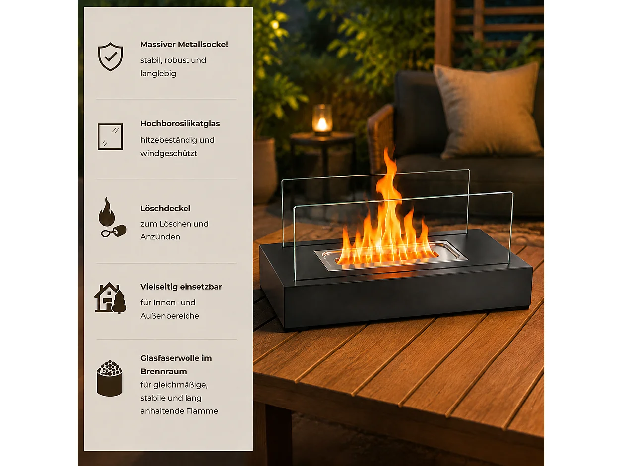 NETTLIFE Cheminée bioéthanol table rect. 35x18x15cm acier noir, brûleur 250ml, sans conduit, int/ext