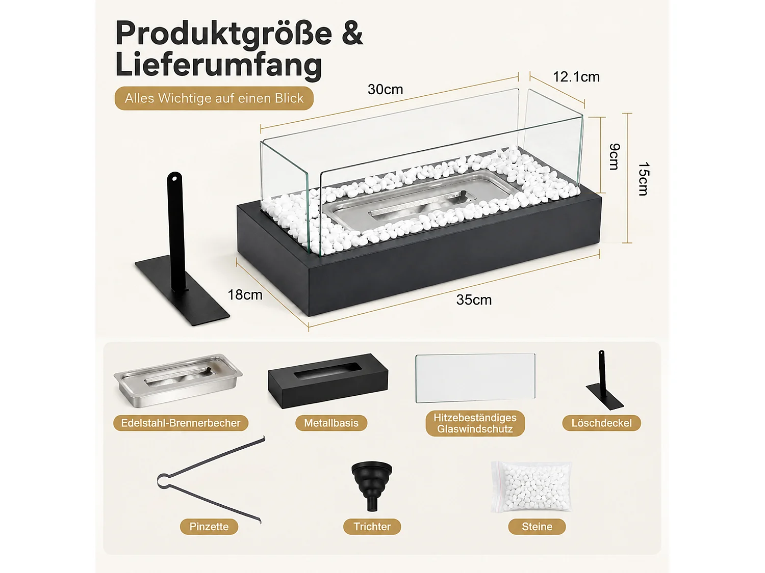 NETTLIFE Cheminée bioéthanol table rect. 35x18x15cm acier noir avec pierres blanches, brûleur 250ml, sans conduit, int/ext