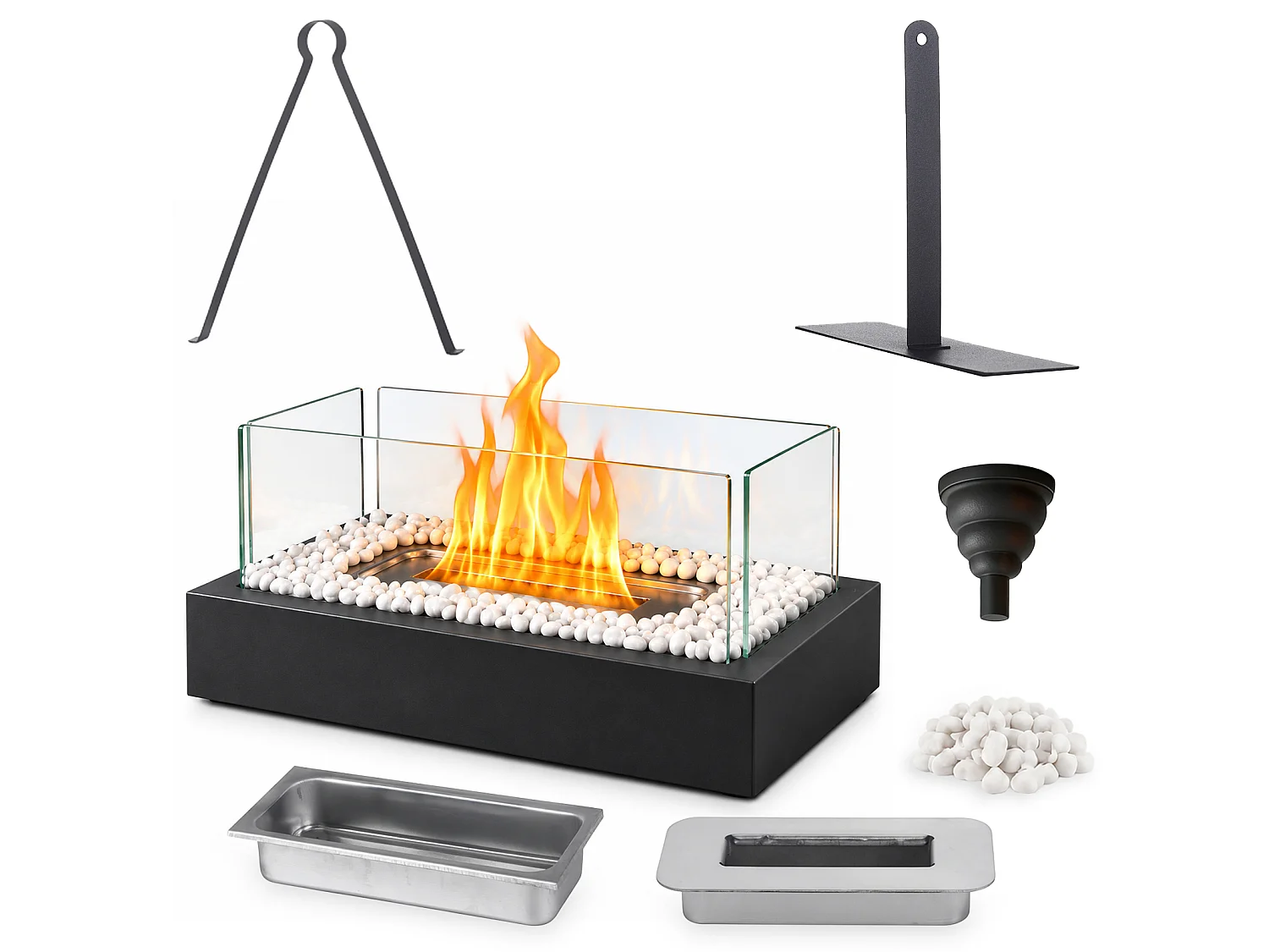 NETTLIFE Cheminée bioéthanol table rect. 35x18x15cm acier noir avec pierres blanches, brûleur 250ml, sans conduit, int/ext