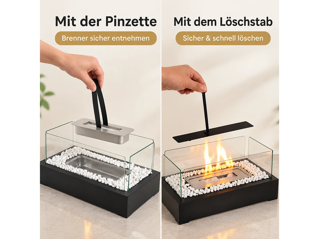 NETTLIFE Cheminée bioéthanol table rect. 35x18x15cm acier noir avec pierres blanches, brûleur 250ml, sans conduit, int/ext