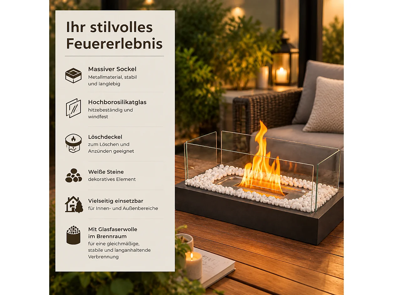 NETTLIFE Cheminée bioéthanol table rect. 35x18x15cm acier noir avec pierres blanches, brûleur 250ml, sans conduit, int/ext