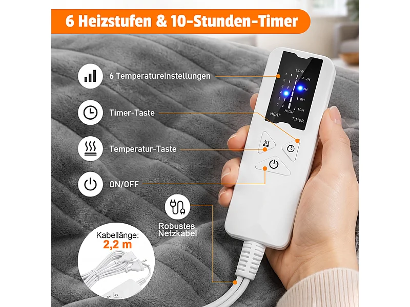 NETTLIFE Koc Elektryczny 180x130cm Ciemnoszary, 6 Poziomów, Timer 2-10H, Flanela i Sherpa, Pranie