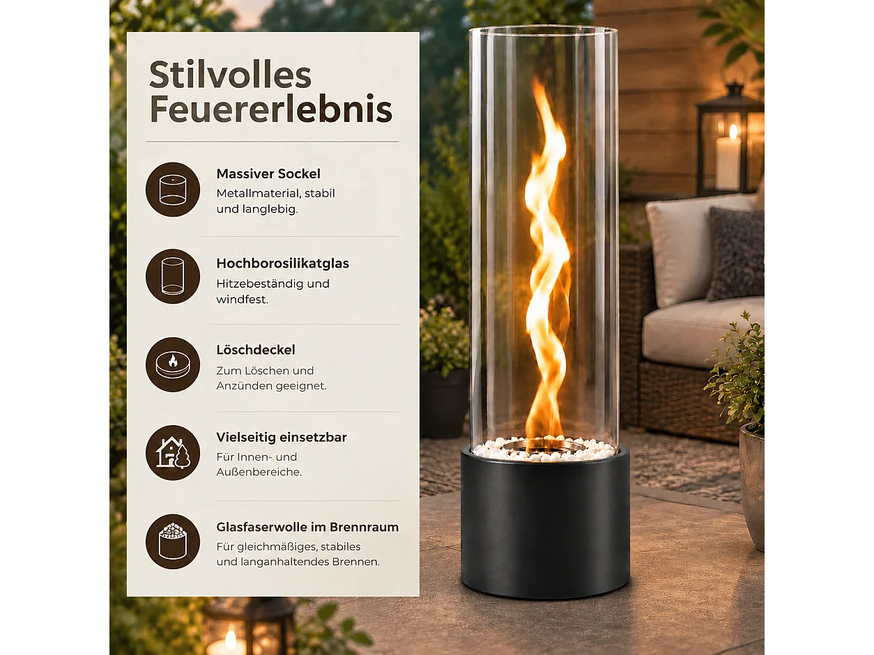 NETTLIFE Cheminée bioéthanol Autoportant 22x52 cm Acier Noir Bruleur 1,2 L Sans Conduit Foyer decoratif Salon Terrasse Jardin