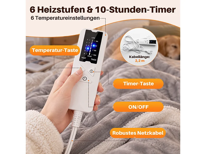 NETTLIFE Koc Elektryczny 180x130cm Jasnoszary, 6 Poziomów, Timer 2-10H, Flanela i Sherpa, Pranie