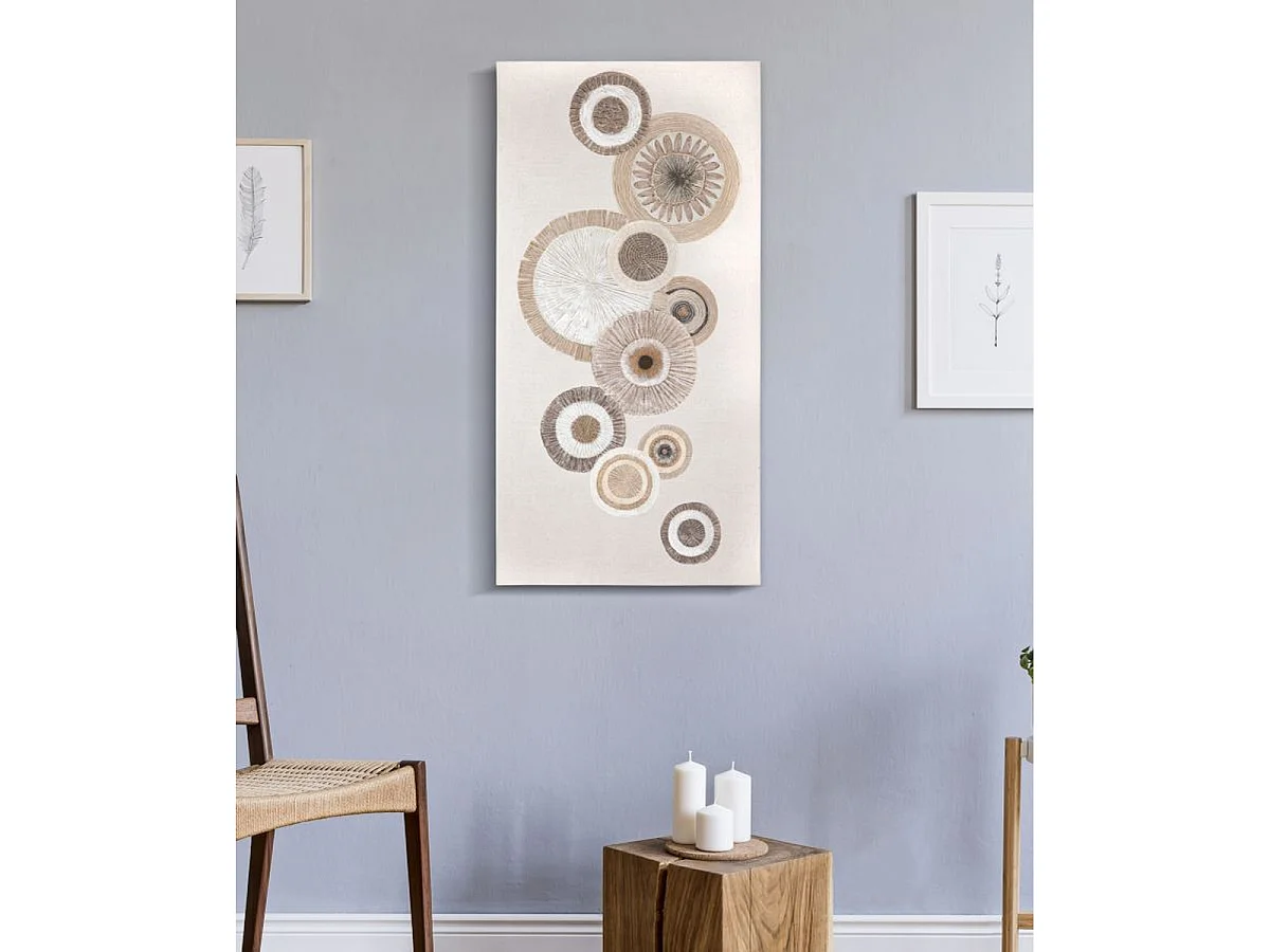 Doekschilderij Circly met inzetstukken A texturele cirkels bruin en crème 50x100 cm