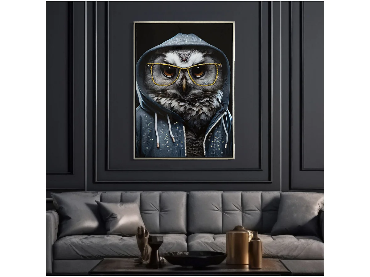 Canvas schilderij Edvy hipster uil met lijst, 53x73 cm