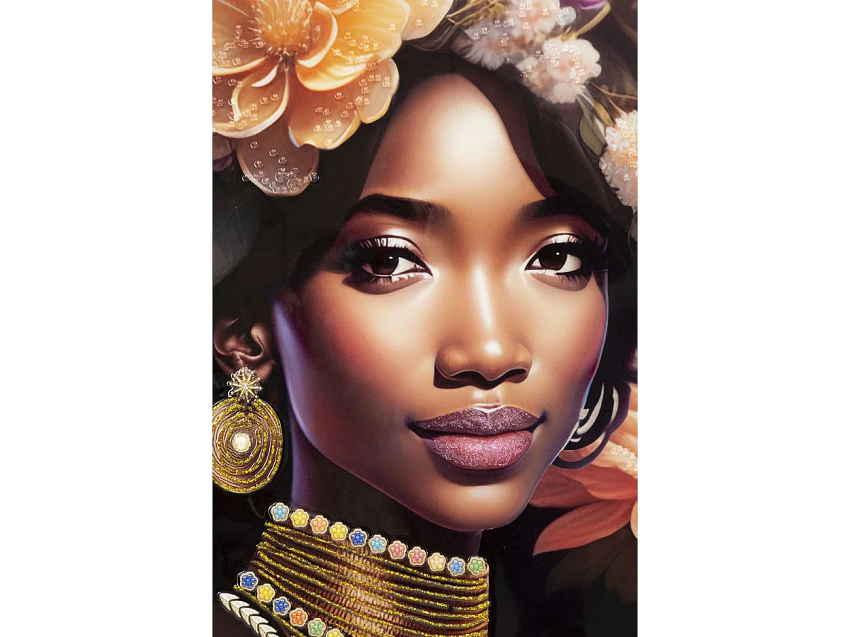 Canvasdoek Zena A met lijst, vrouwelijk portret met bloemen en halssnoer