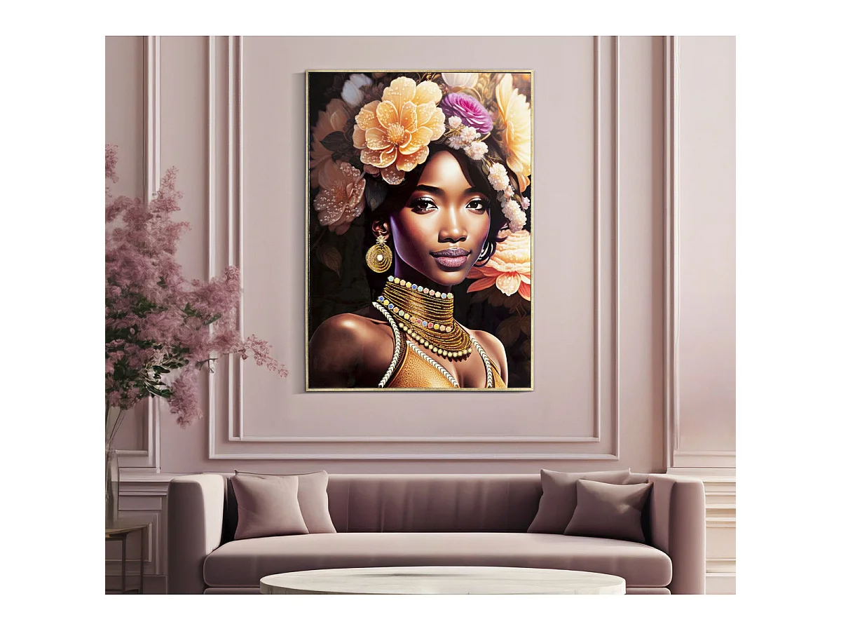 Canvasdoek Zena A met lijst, vrouwelijk portret met bloemen en halssnoer