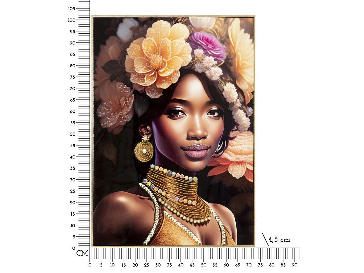 Canvasdoek Zena A met lijst, vrouwelijk portret met bloemen en halssnoer