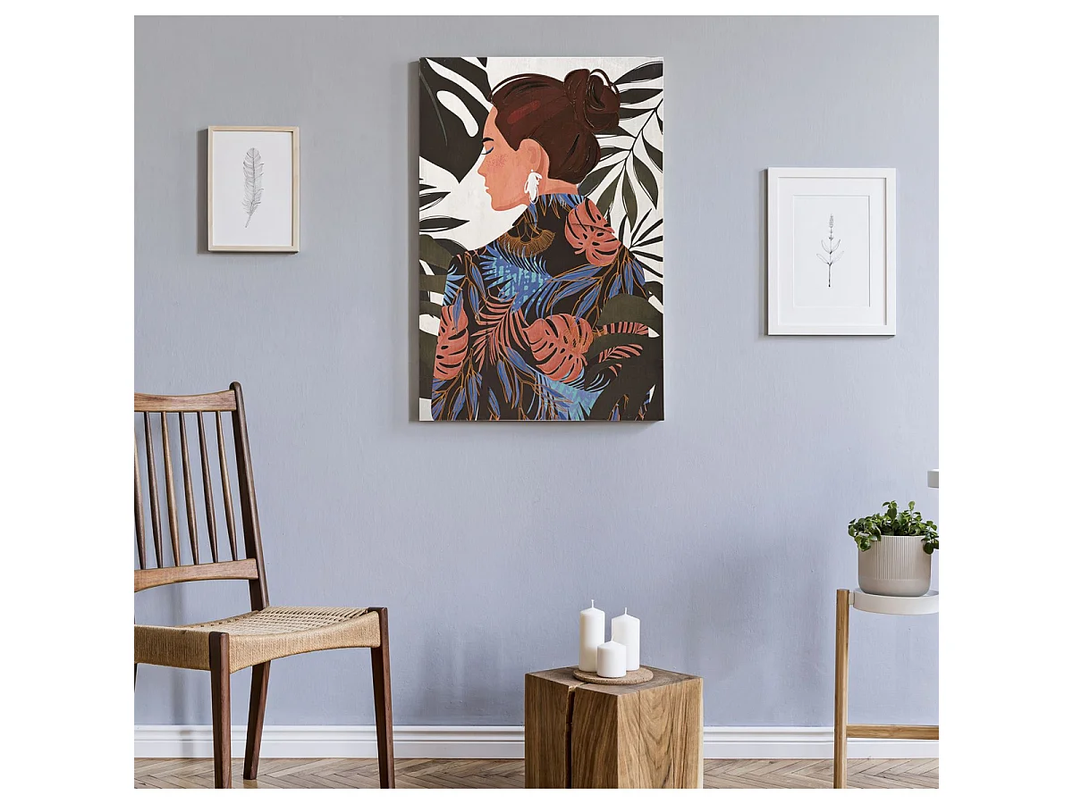 Geschilderde print Lady Jungle B vrouw in profiel met jungle jurk 80x120 cm