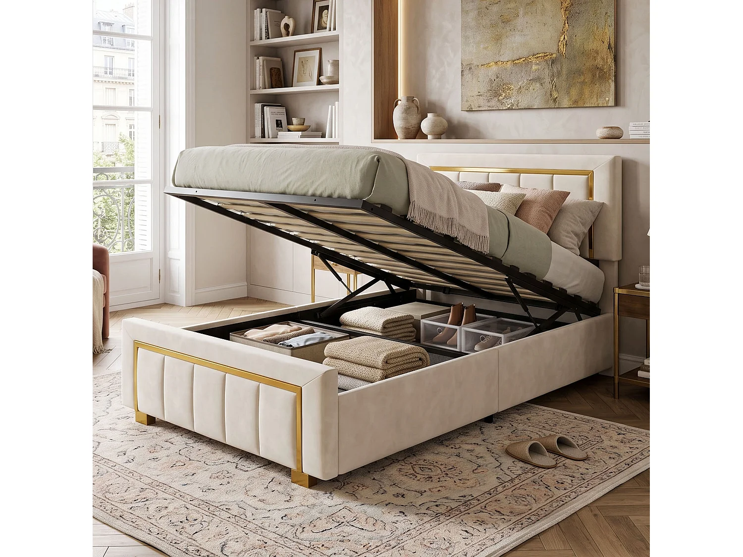 DreamMespace Lit Coffre 90x200 cm - Rangement Hydraulique avec Sommier relevable, Velours Beige