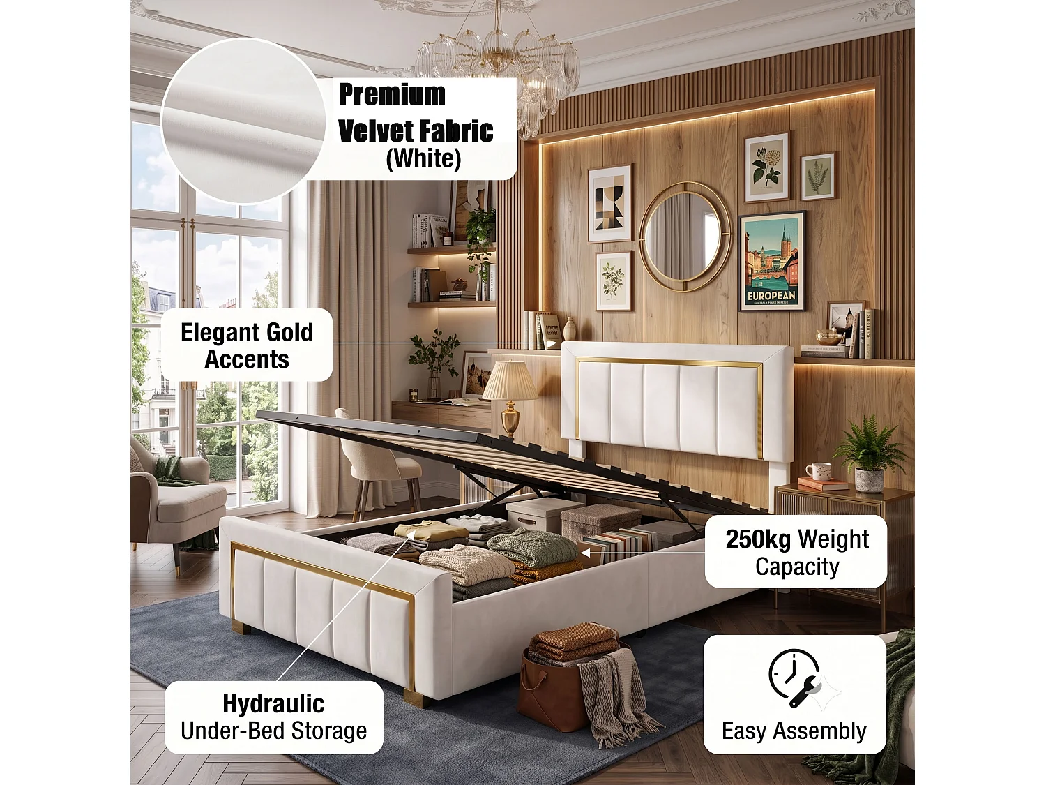 DreamMespace Lit Coffre 90x200 cm - Rangement Hydraulique avec Sommier relevable, Velours Beige