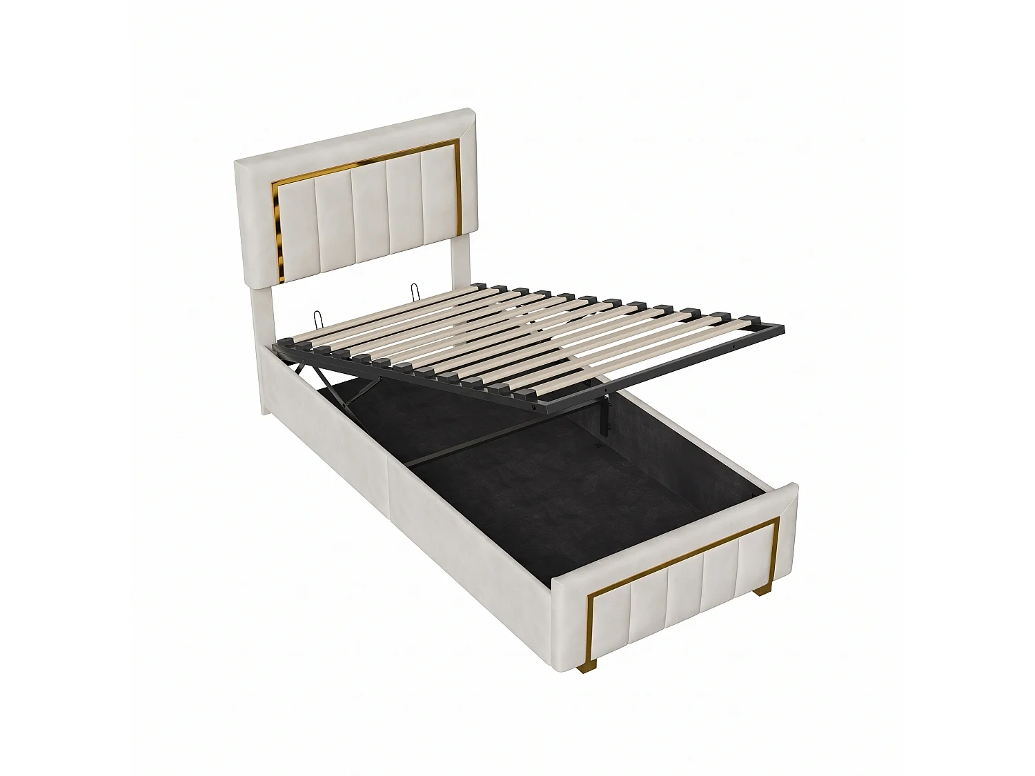 DreamMespace Lit Coffre 90x200 cm - Rangement Hydraulique avec Sommier relevable, Velours Beige