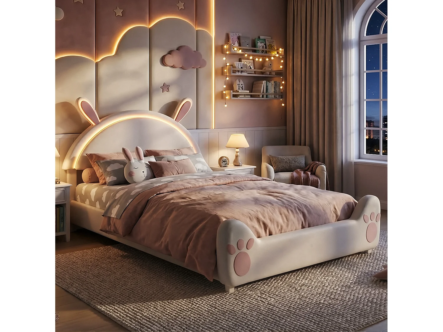 DreamMespace Lit Enfant 140x200 cm avec LED et Sommier - Lit Double Design Lapin avec Tête de Lit Rembourrée, Velours Beige