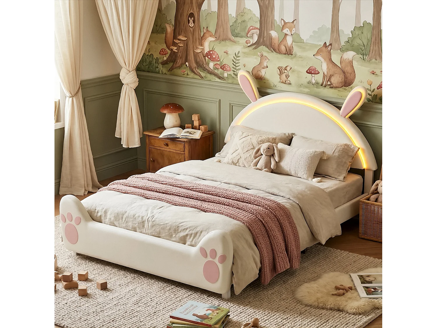 DreamMespace Lit Enfant 140x200 cm avec LED et Sommier - Lit Double Design Lapin avec Tête de Lit Rembourrée, Velours Beige