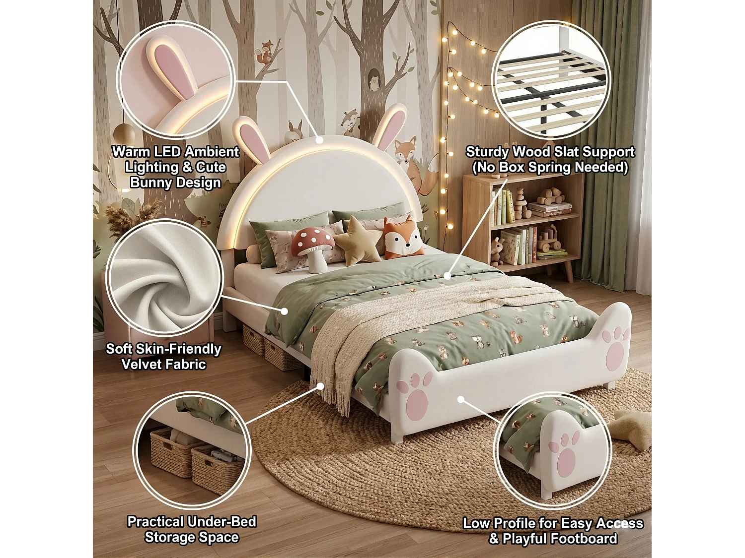 DreamMespace Lit Enfant 140x200 cm avec LED et Sommier - Lit Double Design Lapin avec Tête de Lit Rembourrée, Velours Beige
