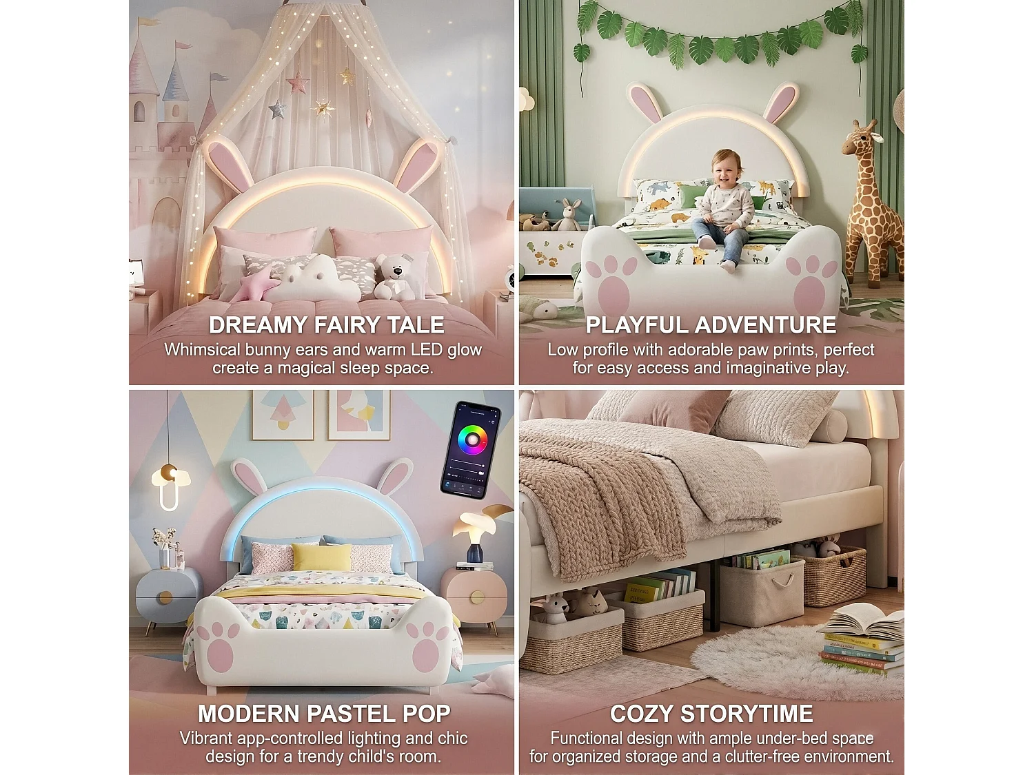 DreamMespace Lit Enfant 140x200 cm avec LED et Sommier - Lit Double Design Lapin avec Tête de Lit Rembourrée, Velours Beige