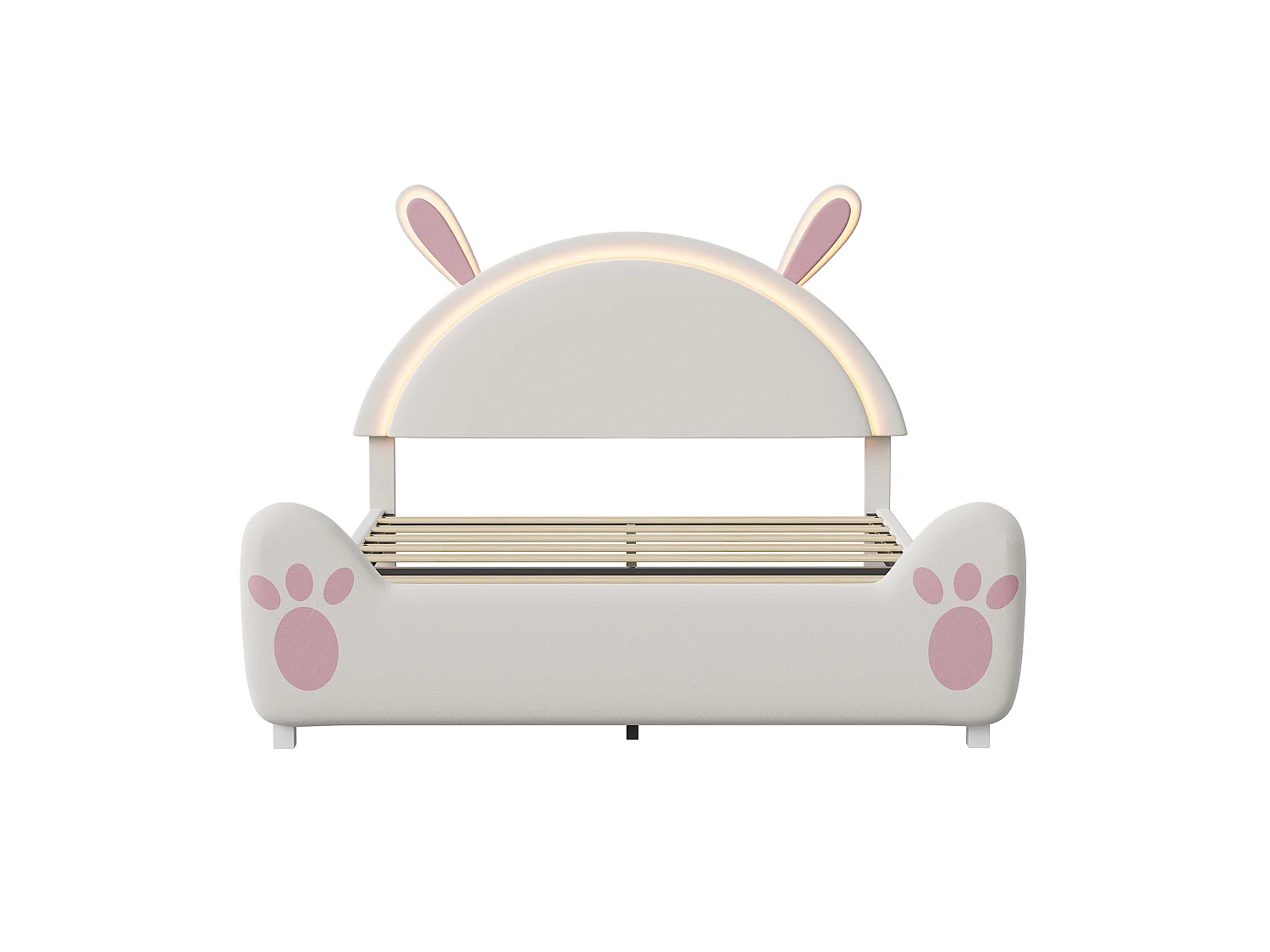 DreamMespace Lit Enfant 140x200 cm avec LED et Sommier - Lit Double Design Lapin avec Tête de Lit Rembourrée, Velours Beige