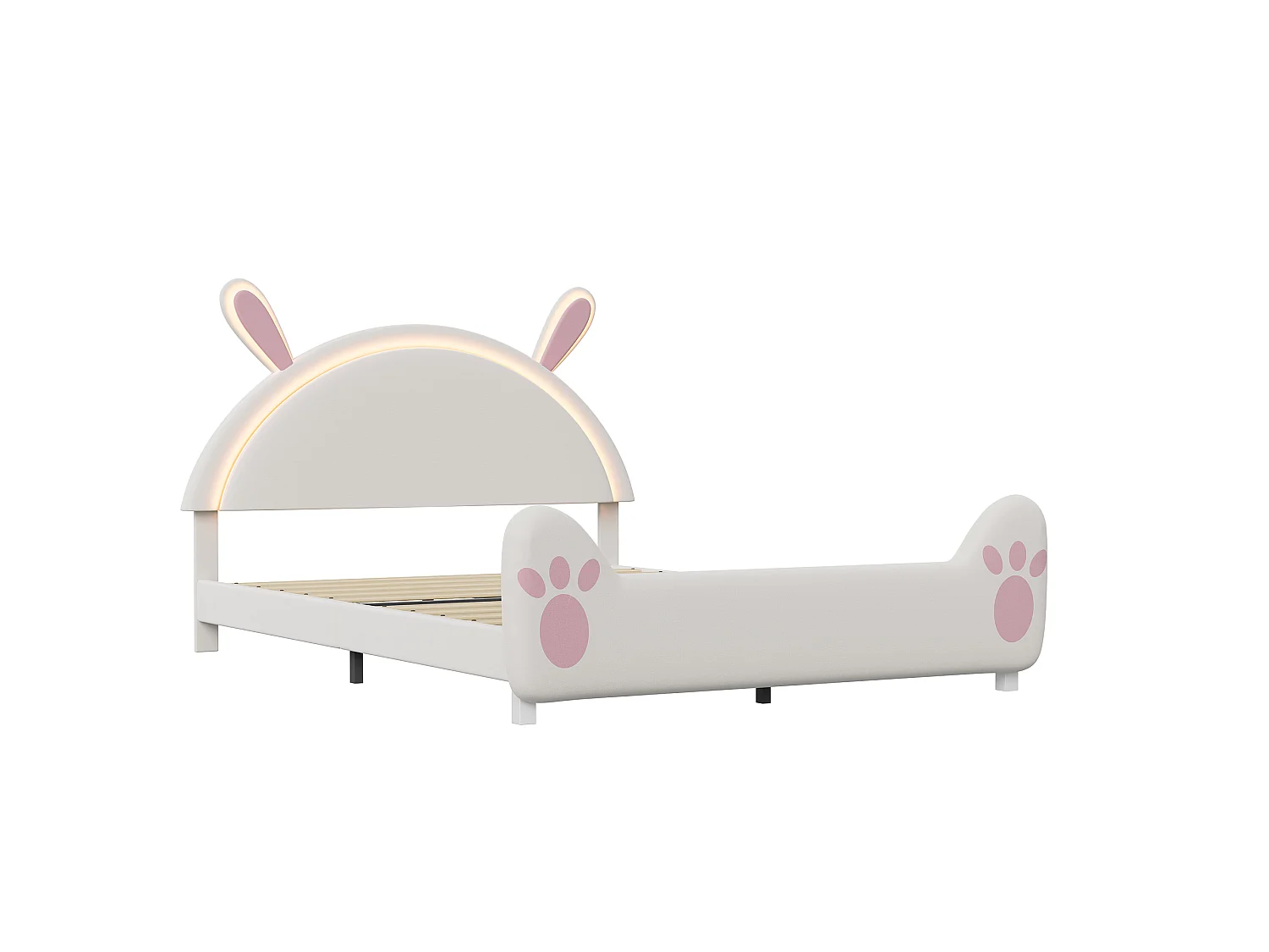 DreamMespace Lit Enfant 140x200 cm avec LED et Sommier - Lit Double Design Lapin avec Tête de Lit Rembourrée, Velours Beige