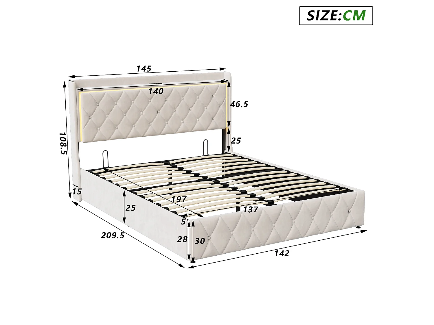 DreamMespace Lit Coffre 140x200 cm - Lit Double avec Rangement Hydraulique, LED RGB & Prises USB Type-C, Tissu Velours Beige