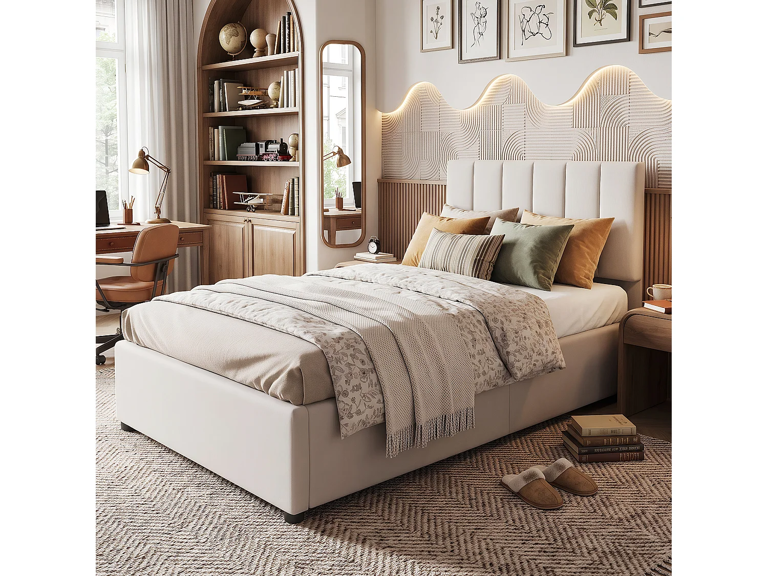 DreamMespace Lit Coffre 90x200 cm - Lit Simple avec Rangement Hydraulique et Tête de Lit Réglable, Tissu Aspect Lin Beige