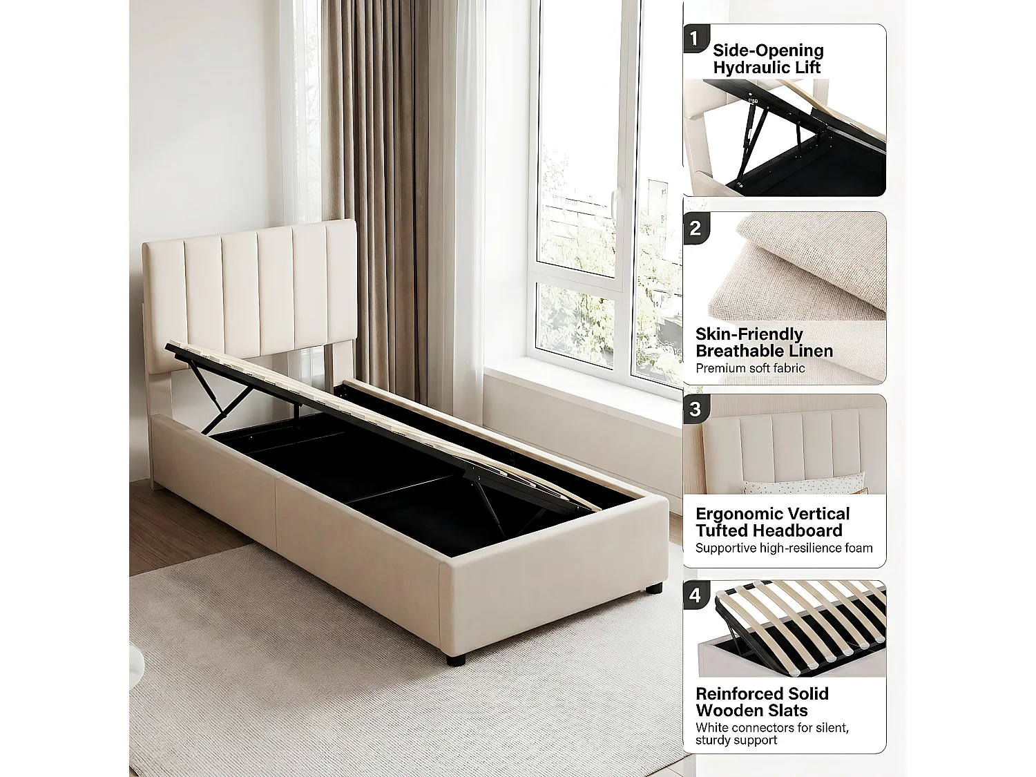 DreamMespace Lit Coffre 90x200 cm - Lit Simple avec Rangement Hydraulique et Tête de Lit Réglable, Tissu Aspect Lin Beige