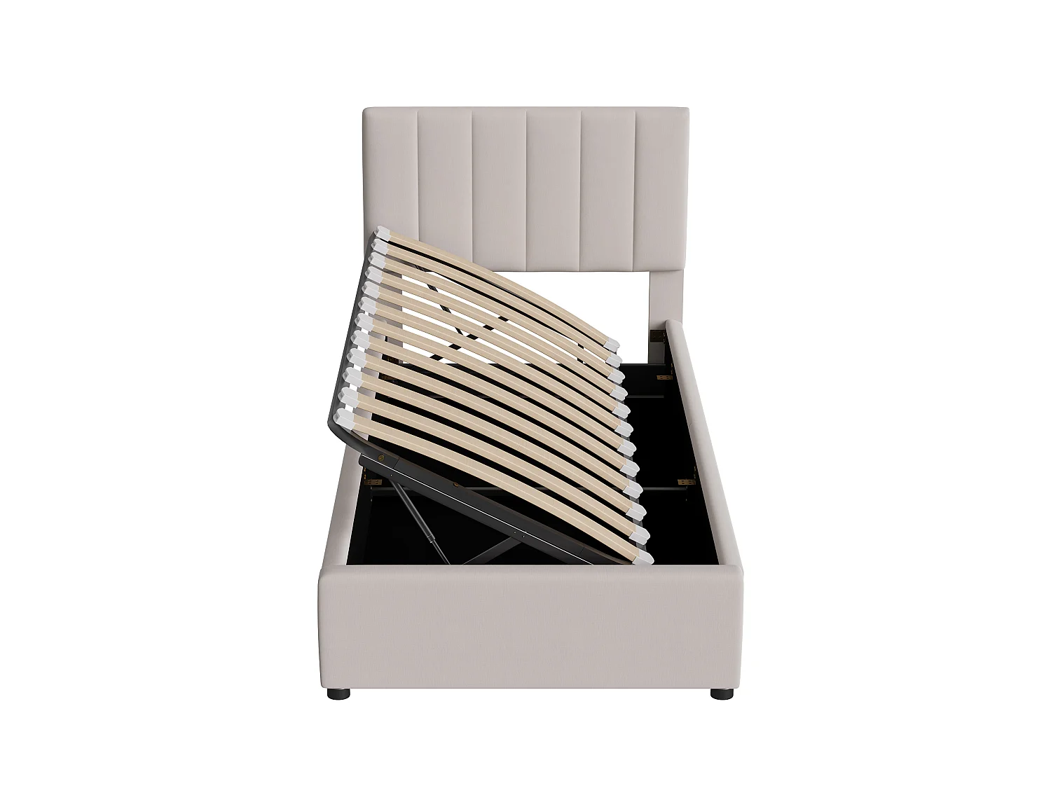 DreamMespace Lit Coffre 90x200 cm - Lit Simple avec Rangement Hydraulique et Tête de Lit Réglable, Tissu Aspect Lin Beige