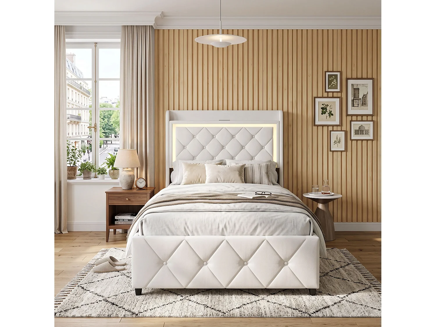 DreamMespace Lit Coffre 90x200 cm - Lit Simple avec Rangement 2 Tiroirs, Prise USB Type-C & LED, Velours Beige
