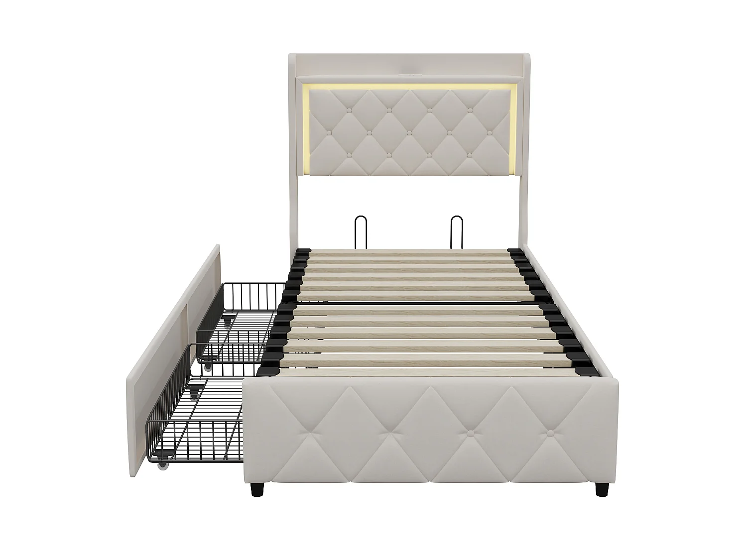 DreamMespace Lit Coffre 90x200 cm - Lit Simple avec Rangement 2 Tiroirs, Prise USB Type-C & LED, Velours Beige