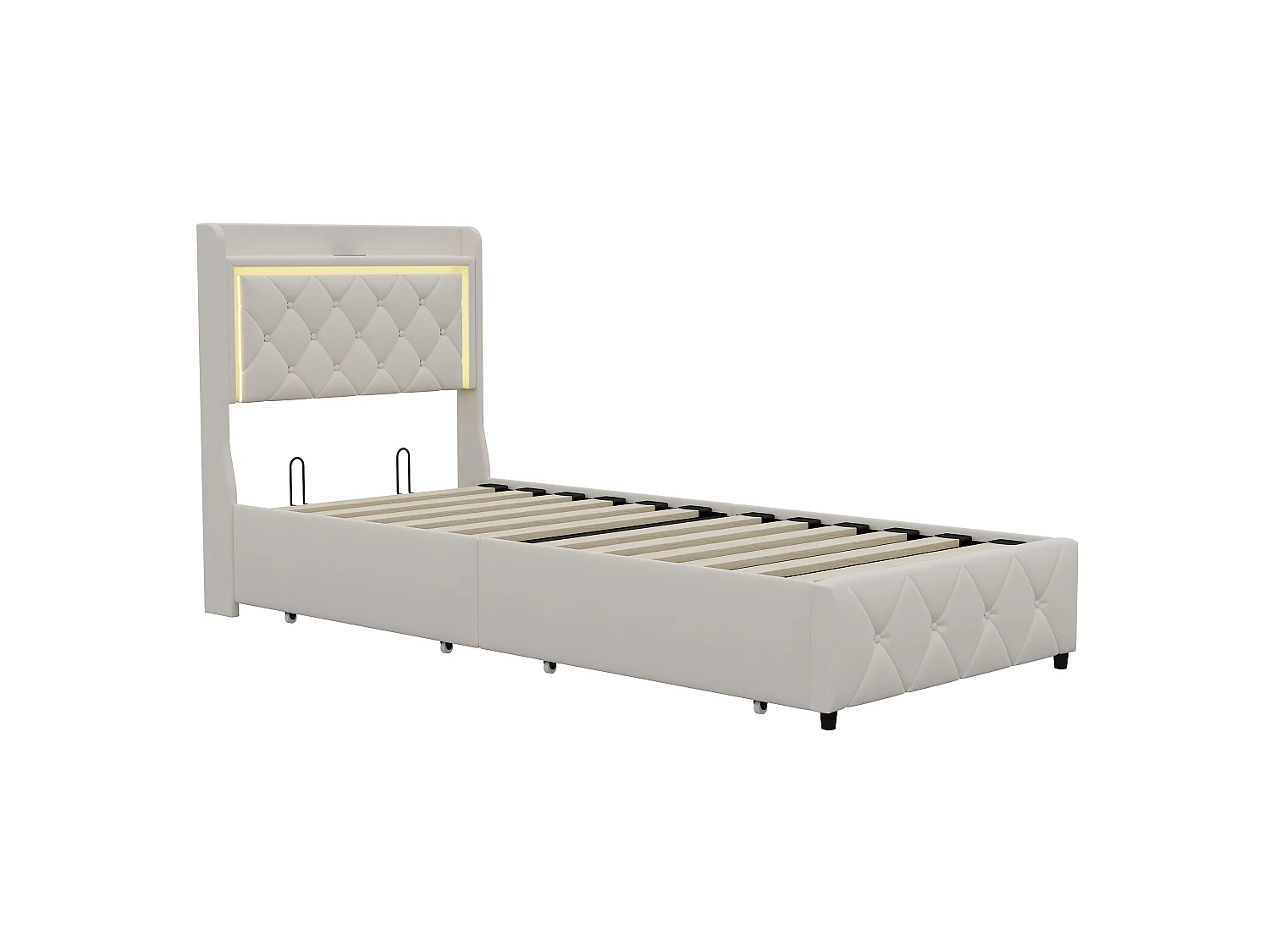 DreamMespace Lit Coffre 90x200 cm - Lit Simple avec Rangement 2 Tiroirs, Prise USB Type-C & LED, Velours Beige