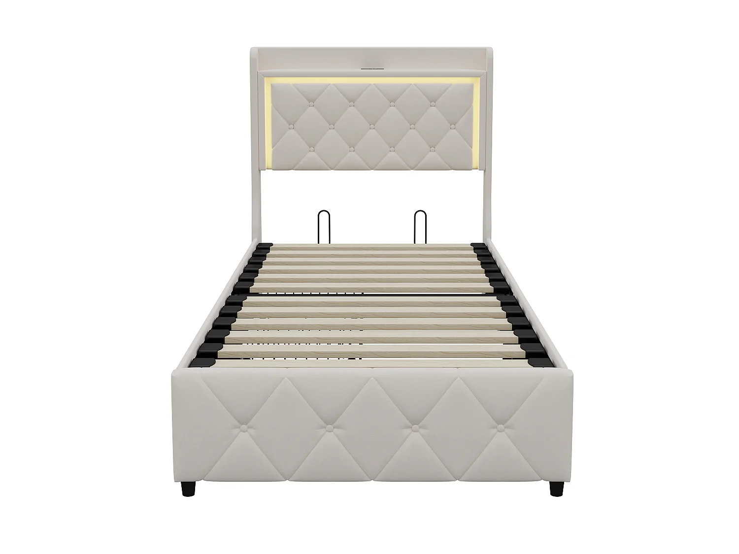 DreamMespace Lit Coffre 90x200 cm - Lit Simple avec Rangement 2 Tiroirs, Prise USB Type-C & LED, Velours Beige