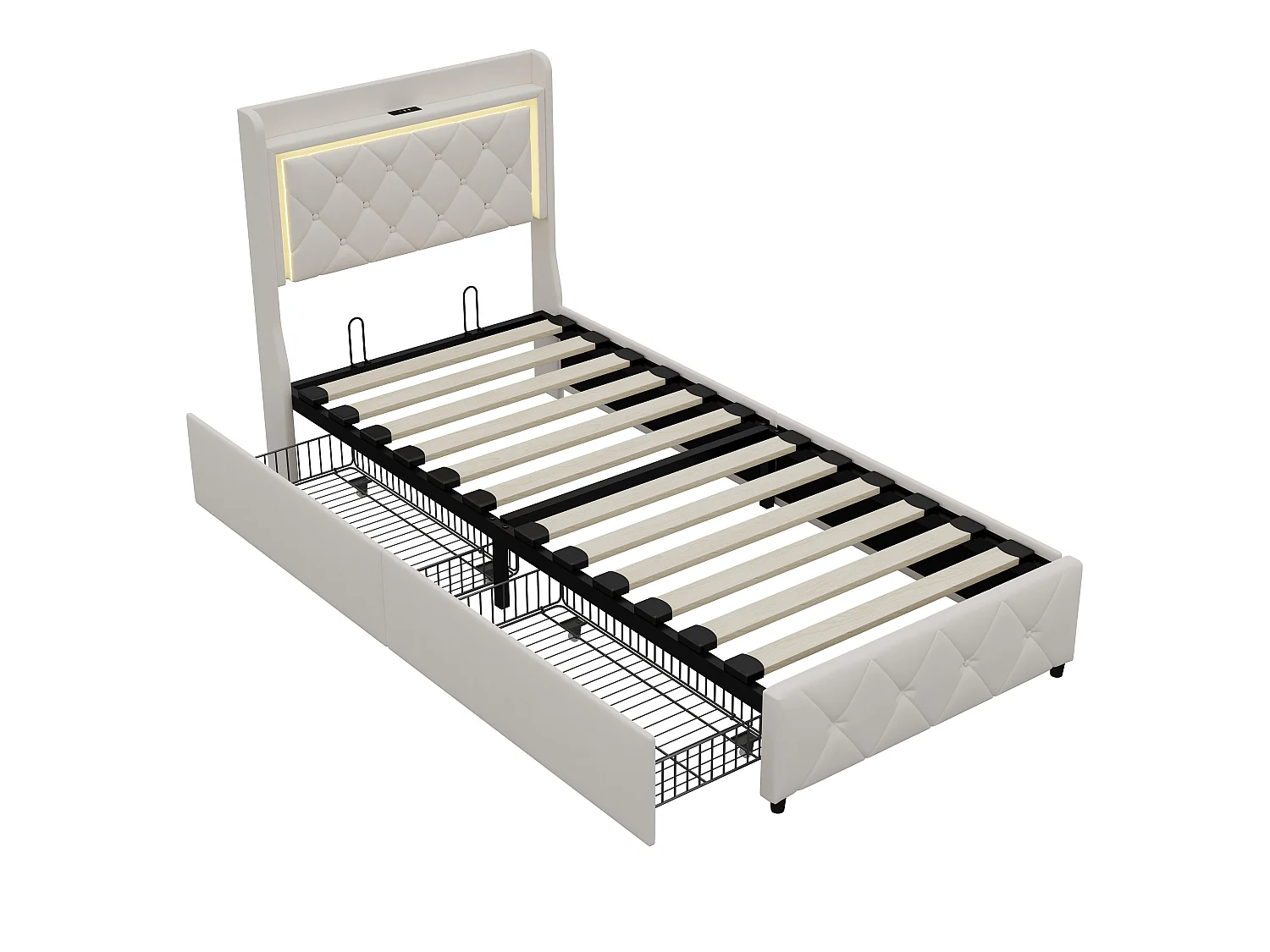 DreamMespace Lit Coffre 90x200 cm - Lit Simple avec Rangement 2 Tiroirs, Prise USB Type-C & LED, Velours Beige
