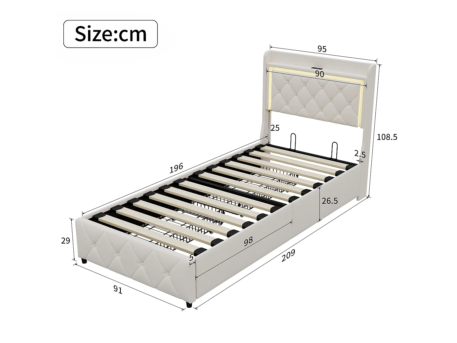 DreamMespace Lit Coffre 90x200 cm - Lit Simple avec Rangement 2 Tiroirs, Prise USB Type-C & LED, Velours Beige