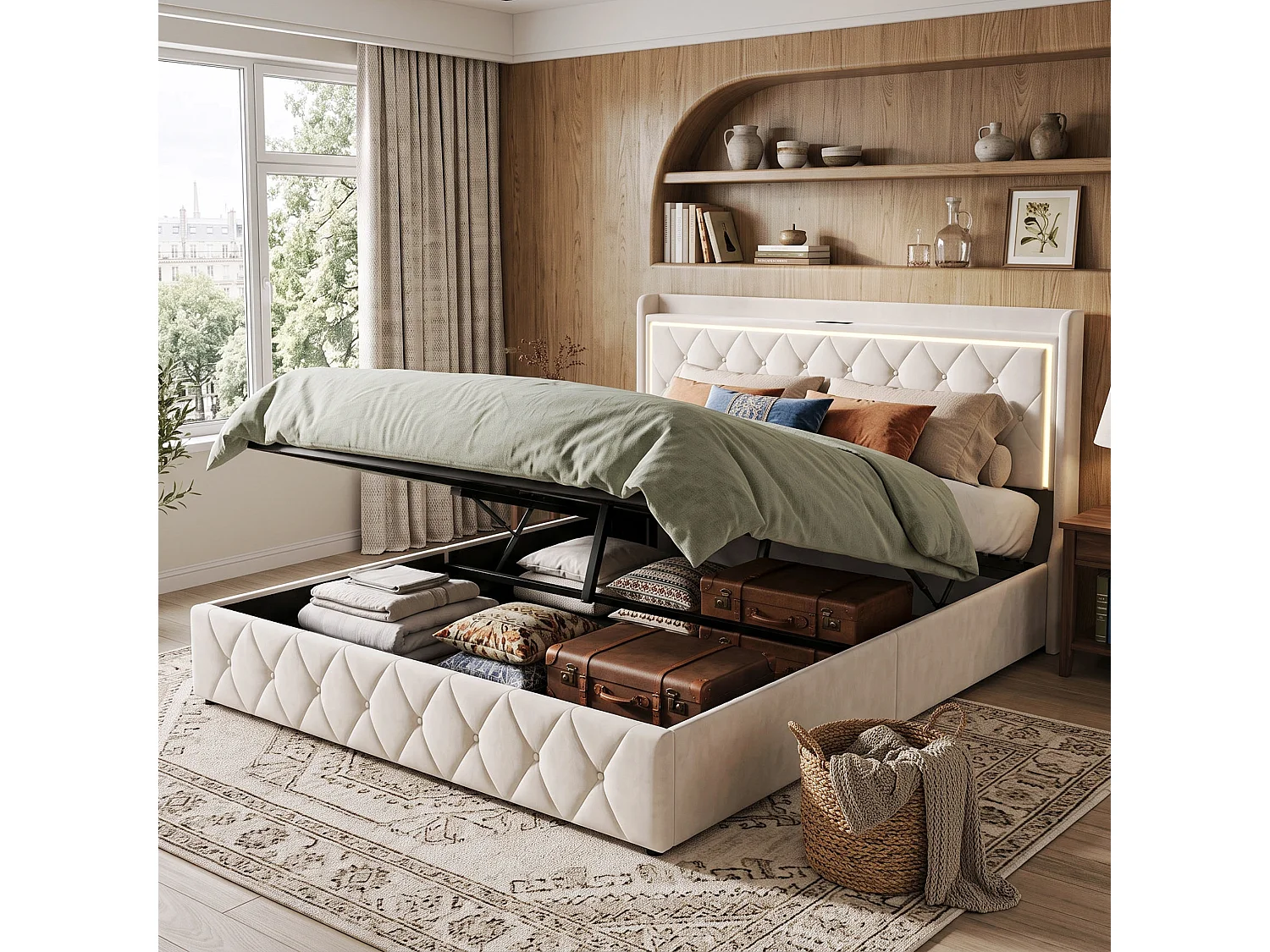 DreamMespace Lit Coffre 160x200 cm - Lit Double Queen Size avec Rangement Hydraulique, LED & USB Type-C, Tissu Velours Beige