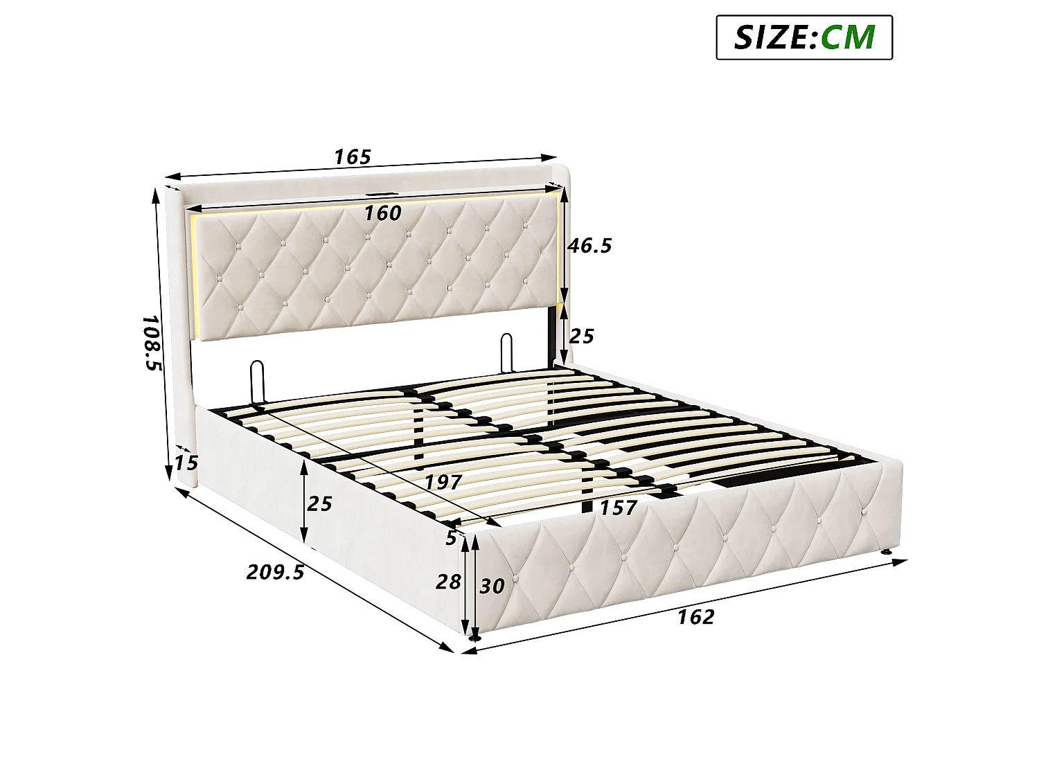 DreamMespace Lit Coffre 160x200 cm - Lit Double Queen Size avec Rangement Hydraulique, LED & USB Type-C, Tissu Velours Beige