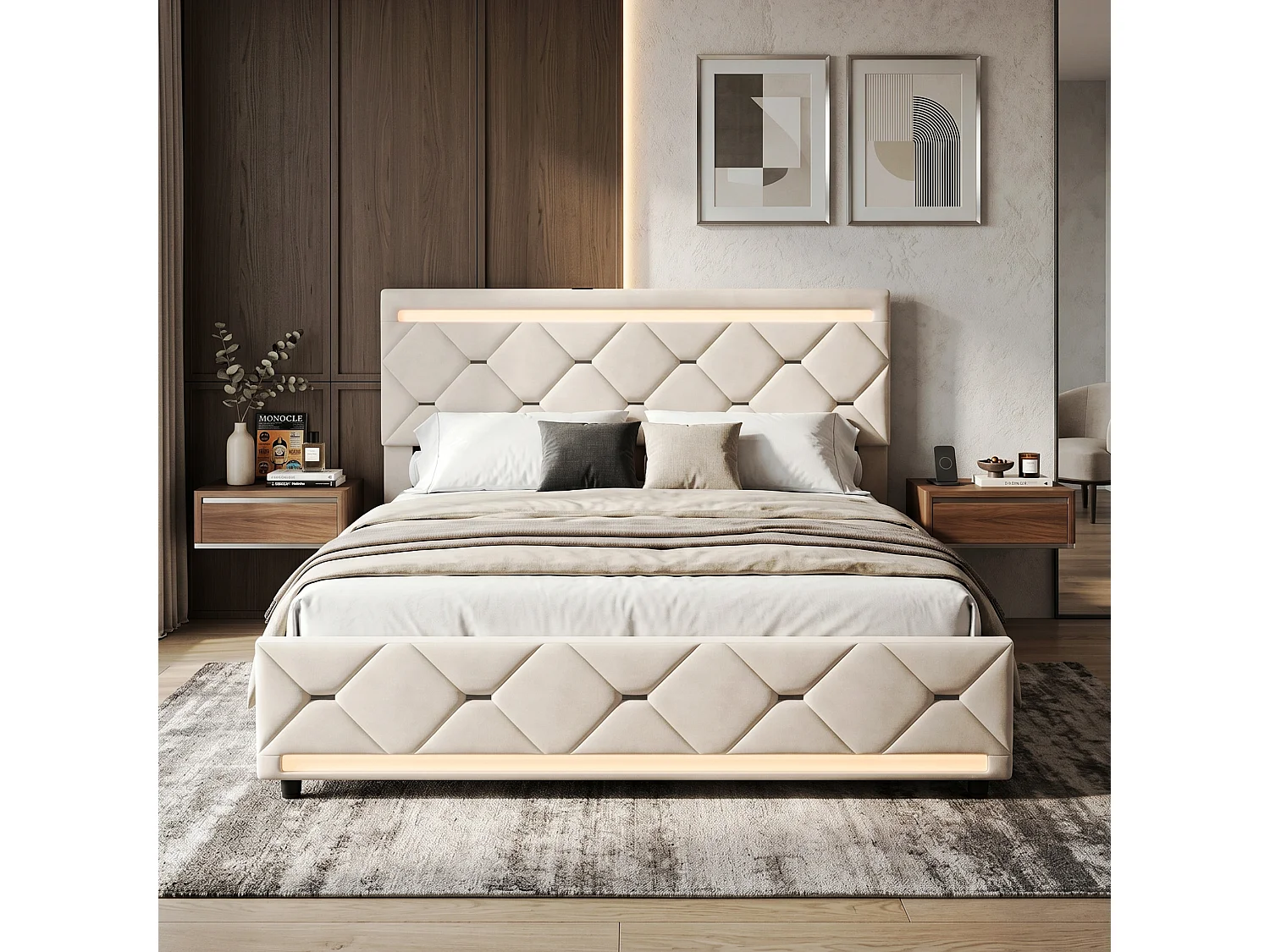 DreamMespace Lit Coffre 140x190 cm - Lit Adulte avec 4 Tiroirs Sommier et Tête de Lit LED USB, Velours Beige