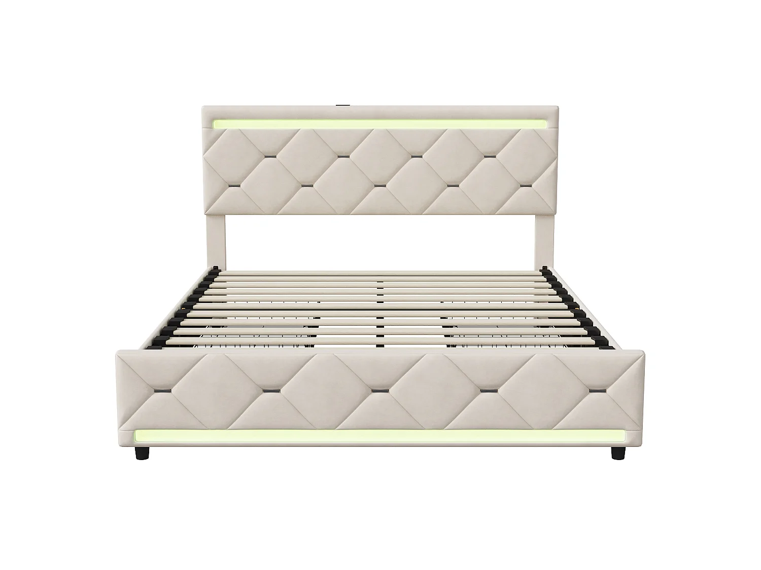 DreamMespace Lit Coffre 140x190 cm - Lit Adulte avec 4 Tiroirs Sommier et Tête de Lit LED USB, Velours Beige