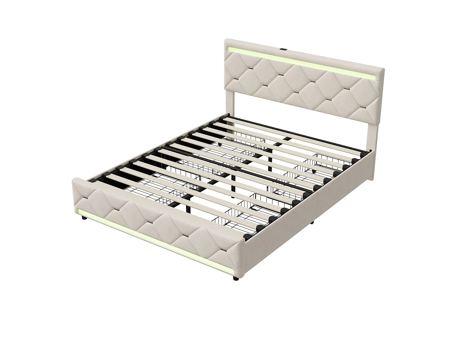 DreamMespace Lit Coffre 140x190 cm - Lit Adulte avec 4 Tiroirs Sommier et Tête de Lit LED USB, Velours Beige