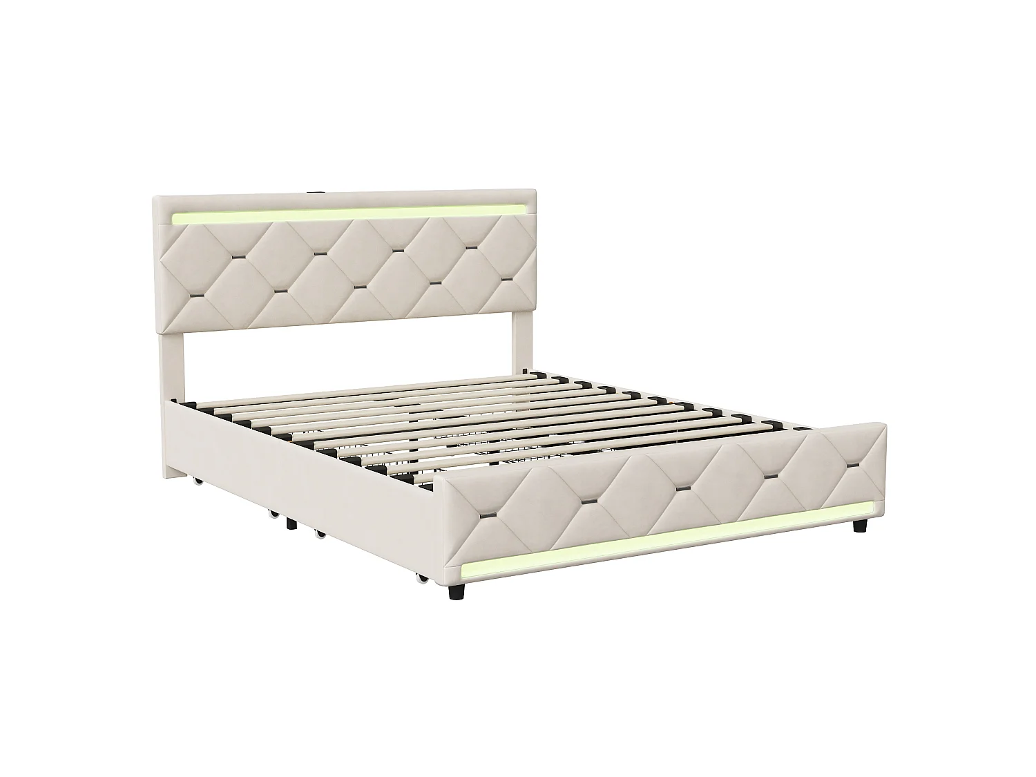 DreamMespace Lit Coffre 140x190 cm - Lit Adulte avec 4 Tiroirs Sommier et Tête de Lit LED USB, Velours Beige