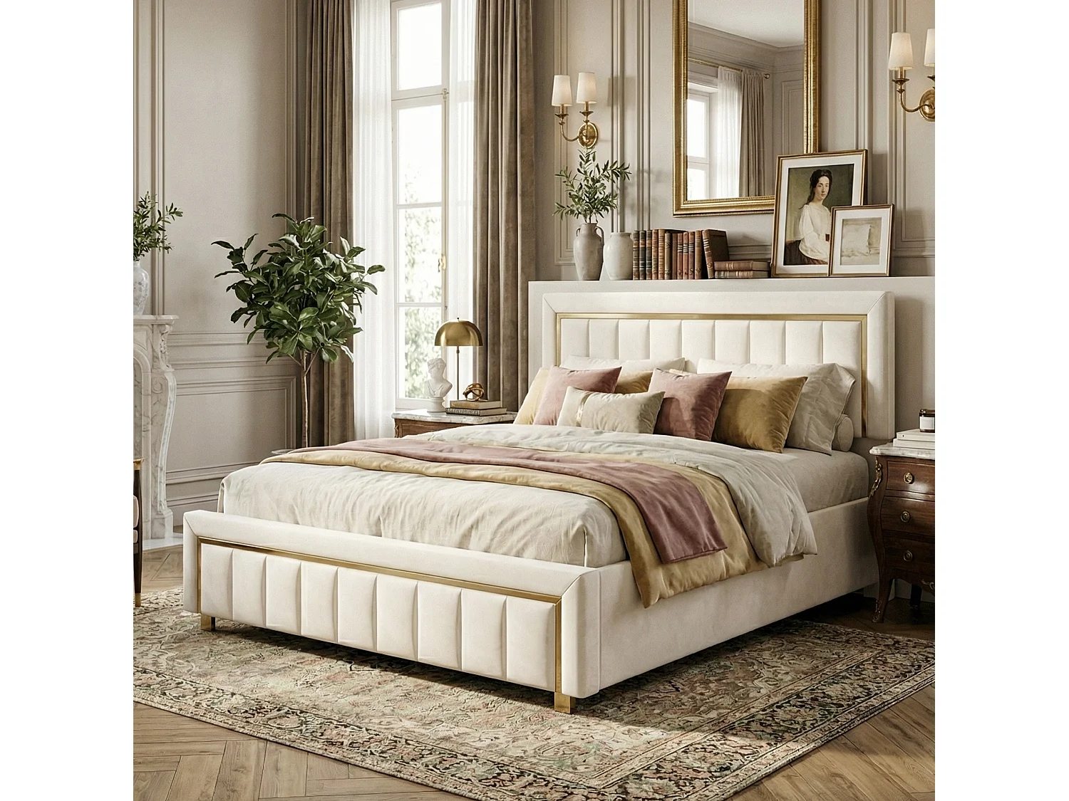 DreamMespace Lit Coffre 140x200 cm - Rangement Hydraulique Double avec Sommier, Velours Beige