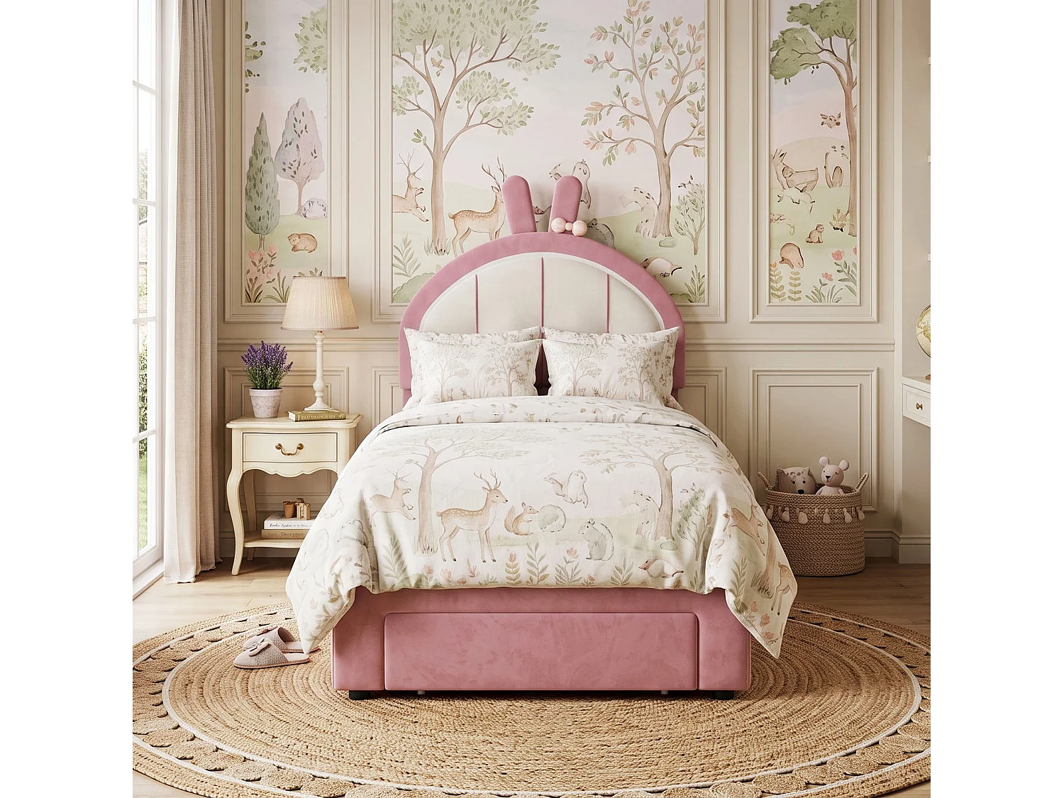 DreamMespace Lit Enfant 90x200 cm - Meuble de Rangement avec Tiroir, Tête de Lit Réglable & LED Multicolore, Velours Rose Poudré