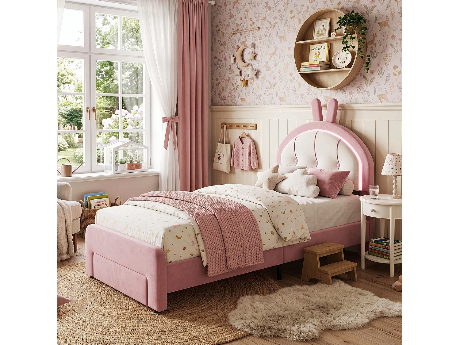 DreamMespace Lit Enfant 90x200 cm - Meuble de Rangement avec Tiroir, Tête de Lit Réglable & LED Multicolore, Velours Rose Poudré