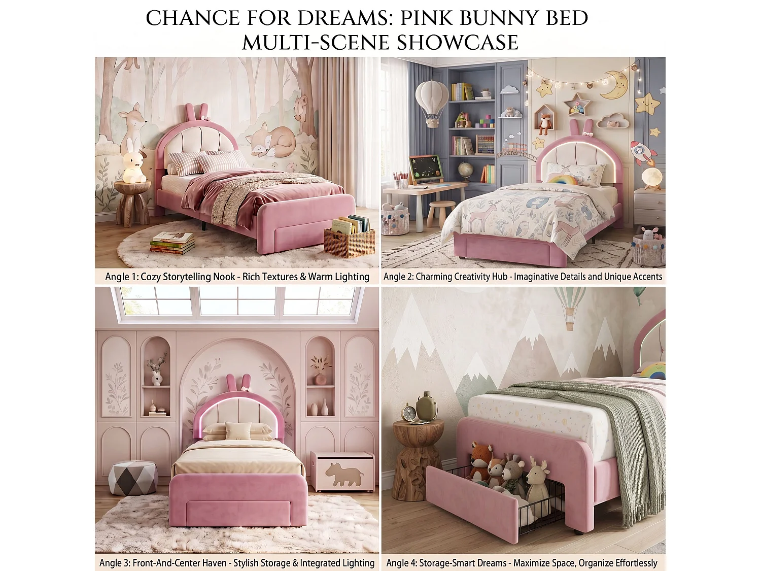 DreamMespace Lit Enfant 90x200 cm - Meuble de Rangement avec Tiroir, Tête de Lit Réglable & LED Multicolore, Velours Rose Poudré