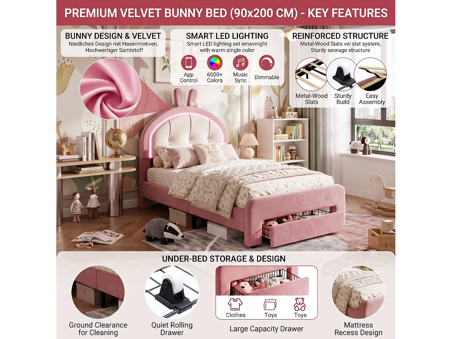 DreamMespace Lit Enfant 90x200 cm - Meuble de Rangement avec Tiroir, Tête de Lit Réglable & LED Multicolore, Velours Rose Poudré