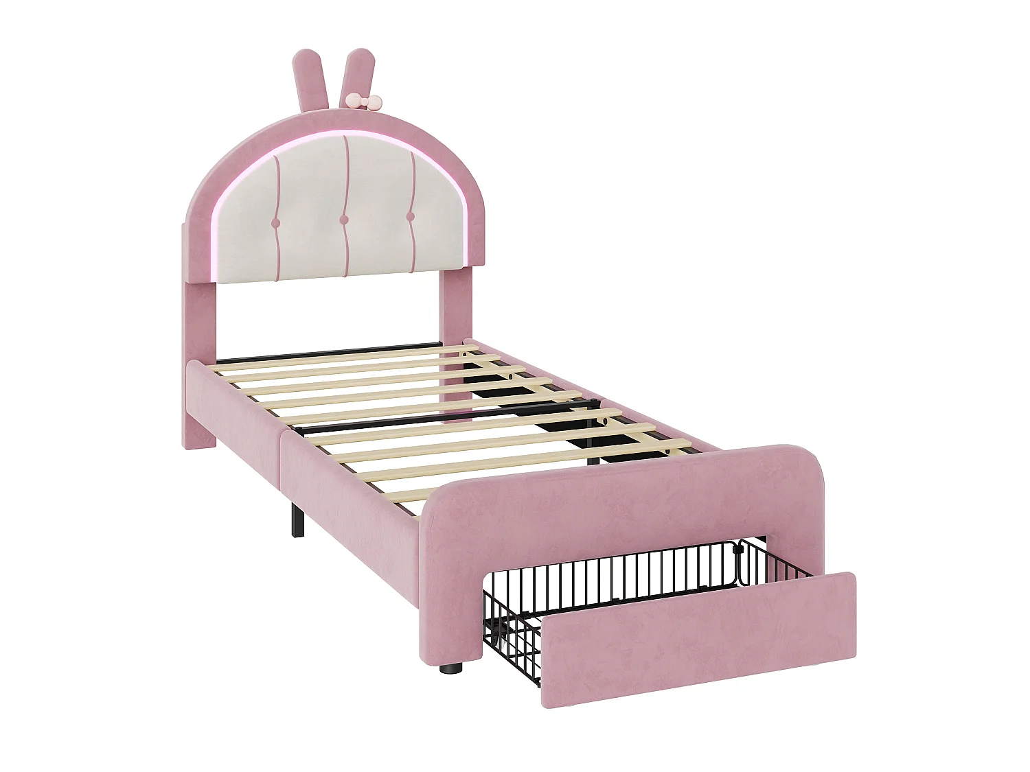 DreamMespace Lit Enfant 90x200 cm - Meuble de Rangement avec Tiroir, Tête de Lit Réglable & LED Multicolore, Velours Rose Poudré