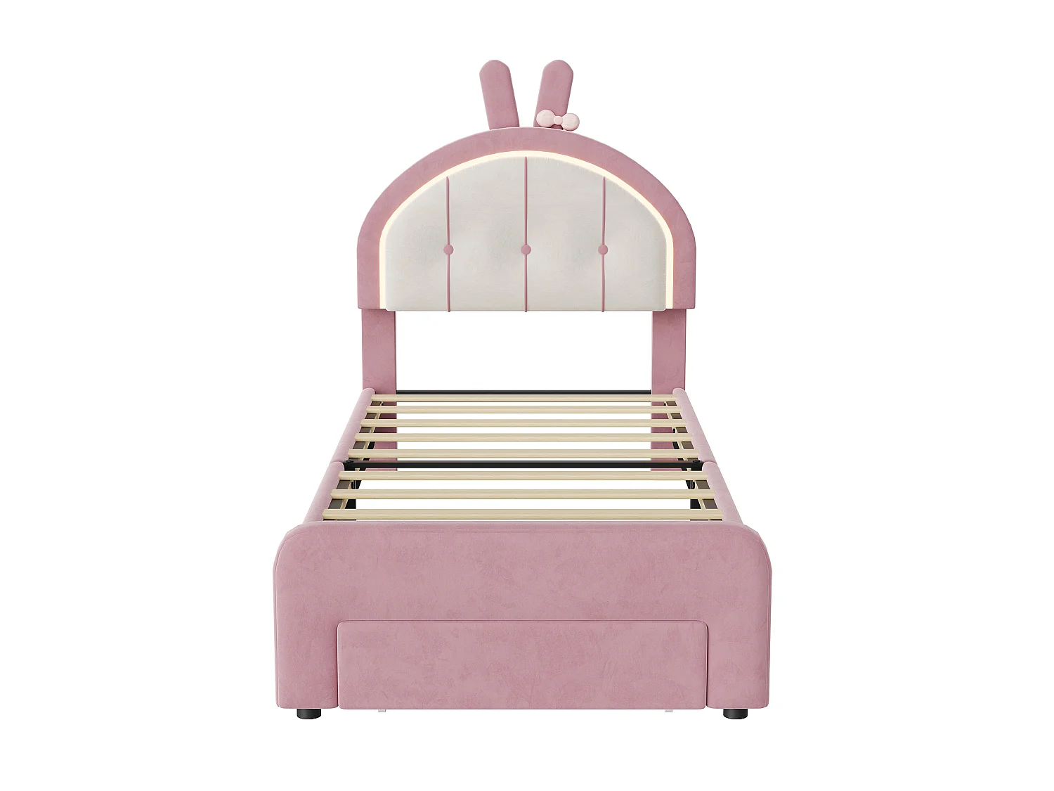 DreamMespace Lit Enfant 90x200 cm - Meuble de Rangement avec Tiroir, Tête de Lit Réglable & LED Multicolore, Velours Rose Poudré