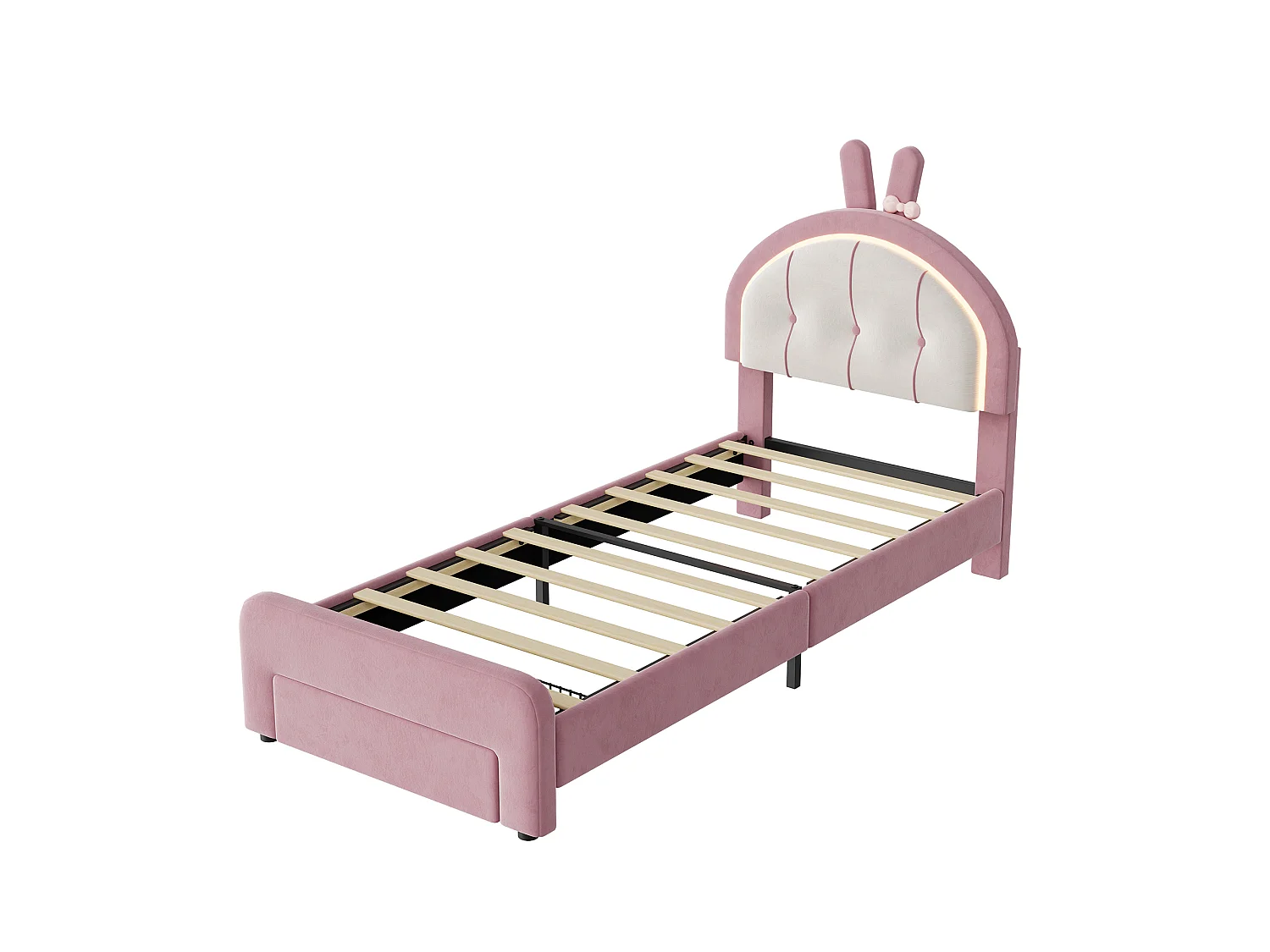 DreamMespace Lit Enfant 90x200 cm - Meuble de Rangement avec Tiroir, Tête de Lit Réglable & LED Multicolore, Velours Rose Poudré