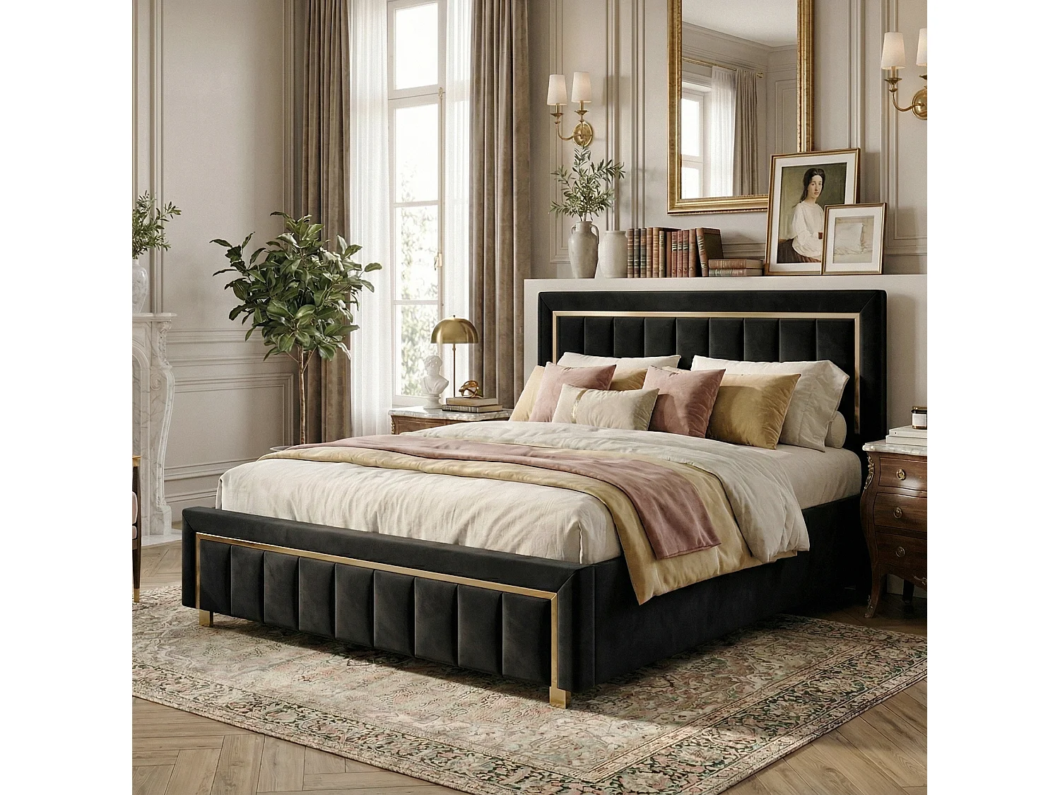 DreamMespace Lit Coffre 140x200 cm - Rangement Hydraulique Double avec Sommier, Velours Noir